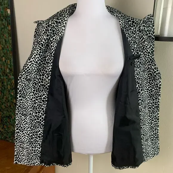 Vintage Sz L Animal Print Leopard Velvet Double Breasted Blazer Jacket Black Wht - Picture 9 of 16